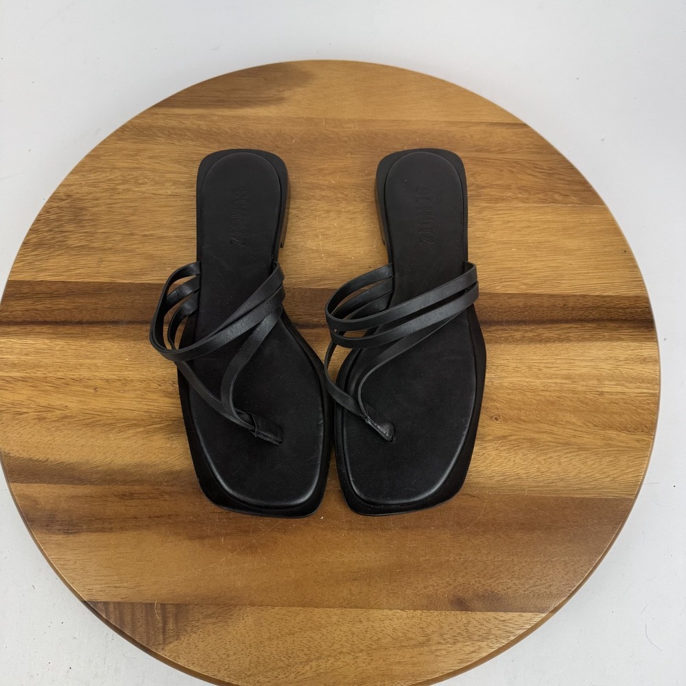 New Womens Schutz Rania Black Leather Strappy Casual Thong Sandals Size 7.5 NWOB